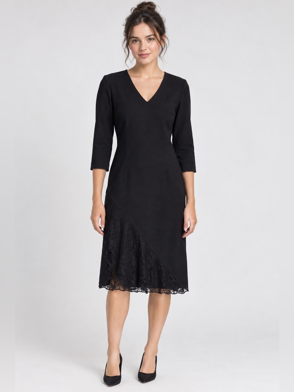 Pure Navy v-neck asymmetrical lace detail on bottom size 4 black dressy
